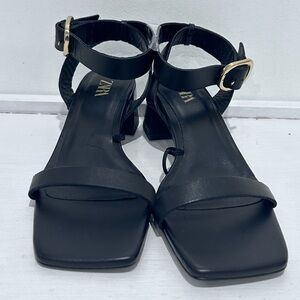 Zara Womens Black Gold Upper Leather Square Toe Ankle Strap Heel Sandals Size 36